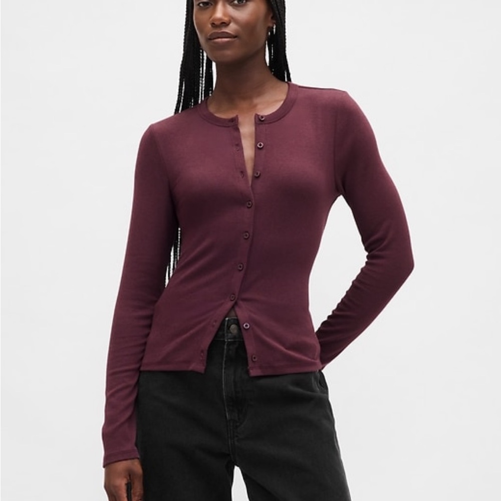 GAP Modern Crewneck Button-Up Cardigan - Bordeaux Purple